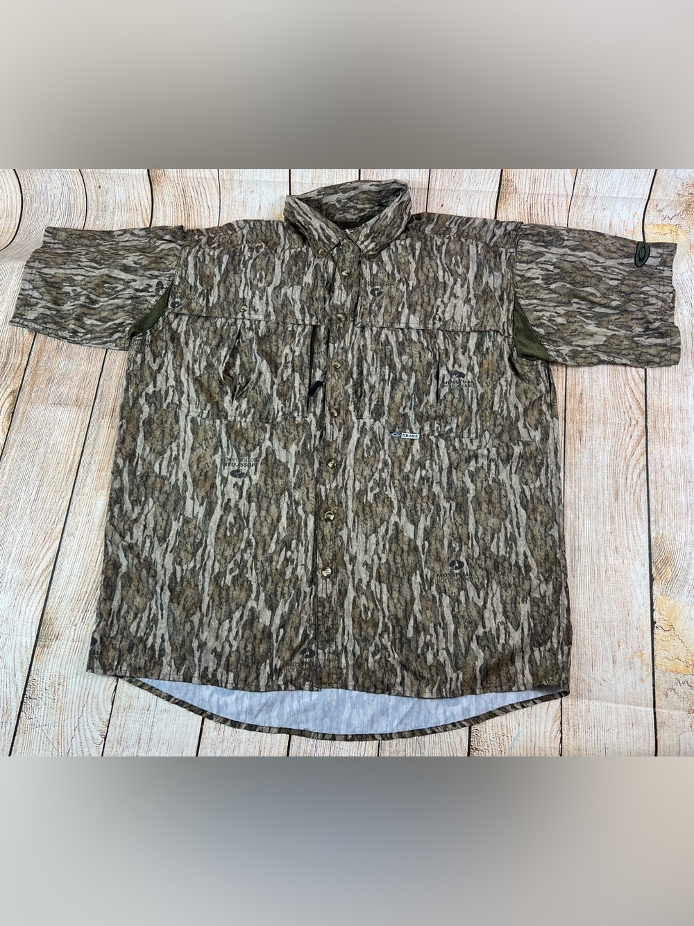 Mens Drake Waterfowl Mossy Oak Bottomland Camo Short Sleeve Shirt Vented Large